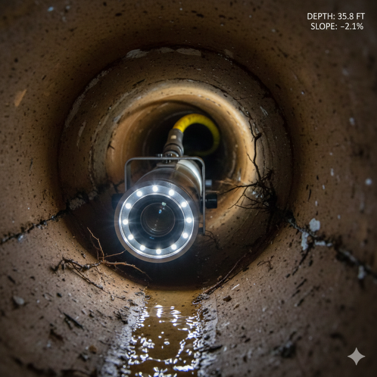 Sewer camera inspection revealing pipe damage with roots and cracks.
