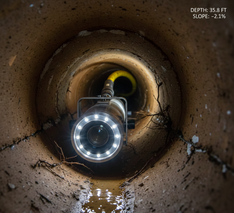 Sewer camera inspection revealing pipe damage with roots and cracks.
