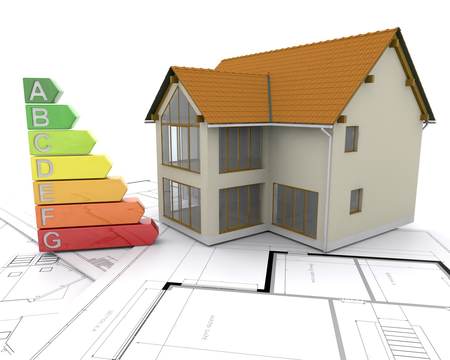 3D illustration of a residential house with an radon rating scale