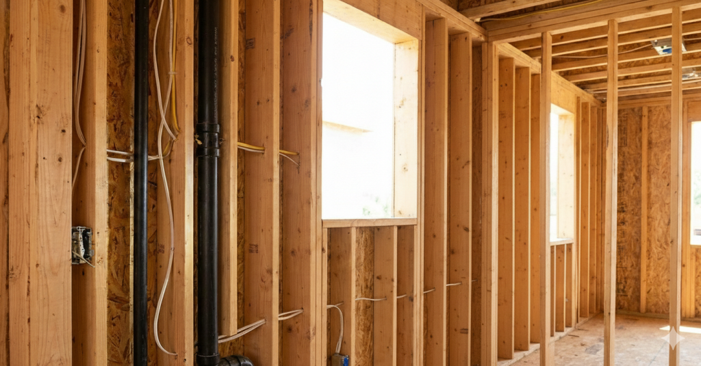 Exposed framing, wiring, and plumbing inside a home during pre-drywall construction phase.