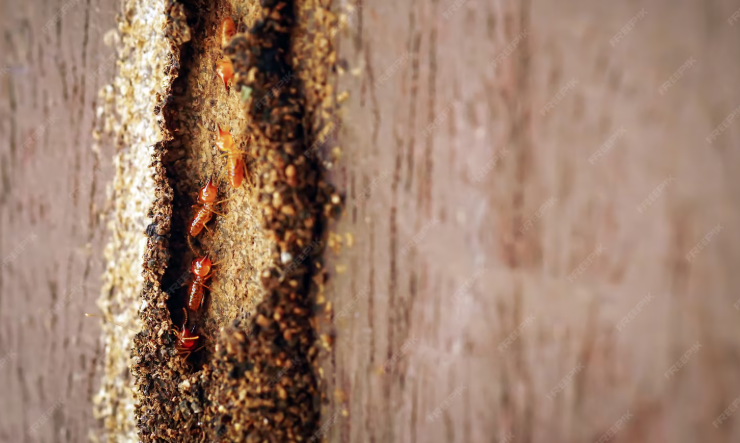 Close-up of termites crawling inside a narrow crack in a wooden surface.